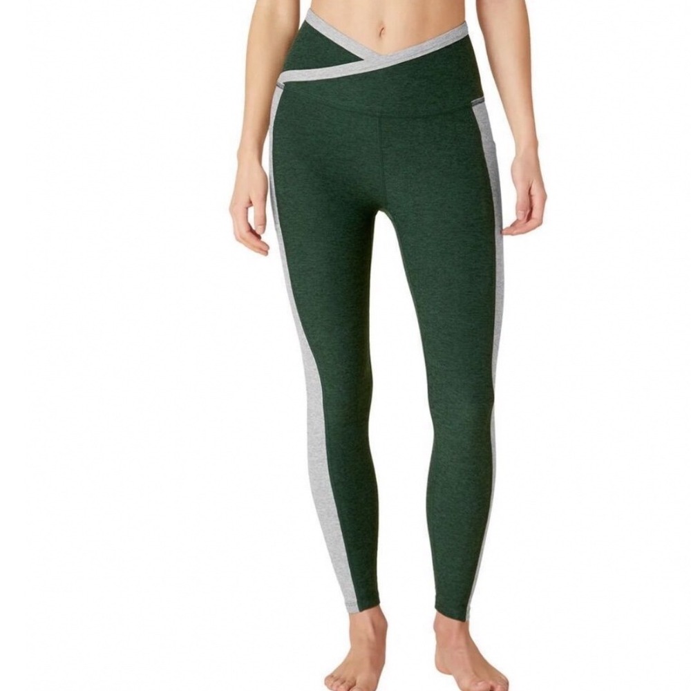 Beyond Yoga Crossover High Waisted Colorblock Leggings Green Gray Small